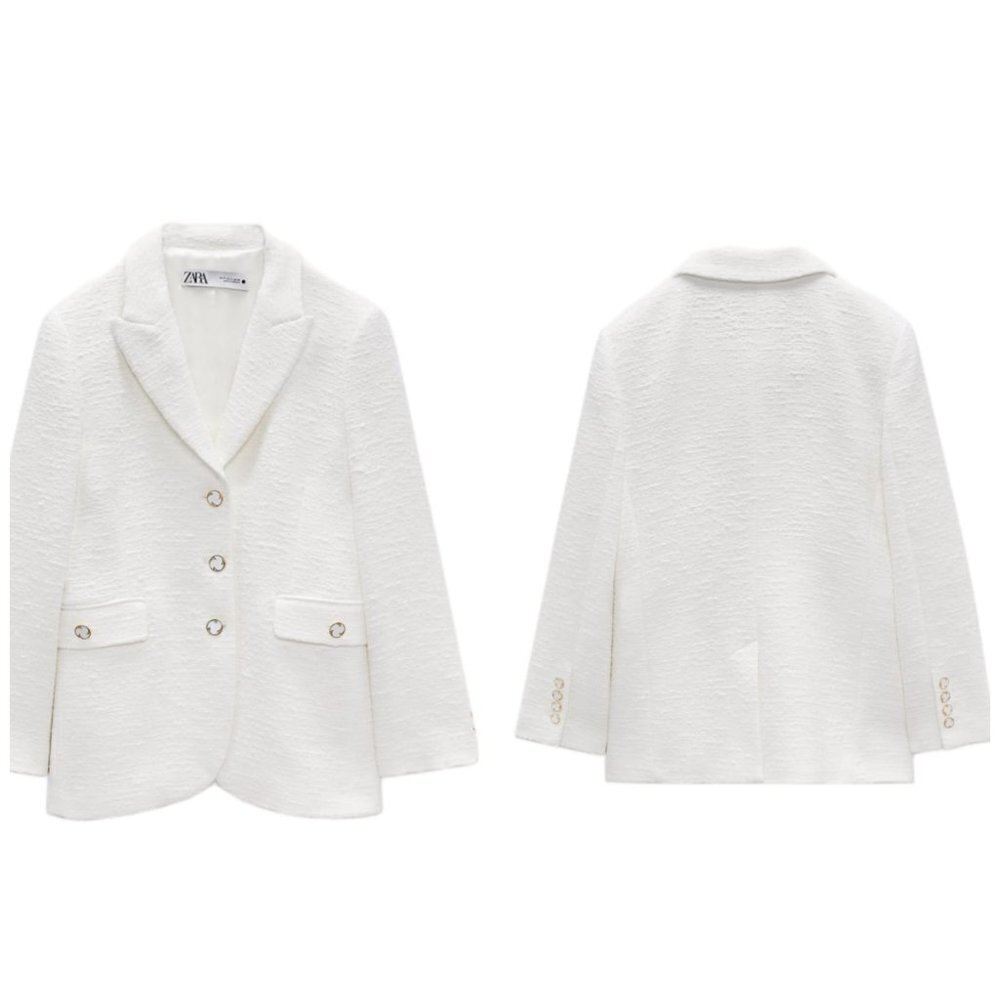ZARA BUTTONED TEXTURED WEAVE BLAZER SS22 WHITE | 3001/279